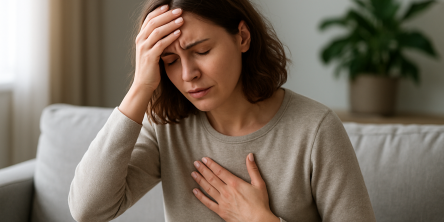 How Stress Effects the Heart Woman holding head with other hand on her heart