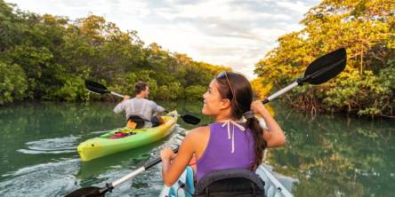 couple kayaking together in mangrove river