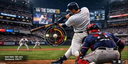 MLB The Show 26 gameplay showing new hitting mechanics, defensive animations, and realistic baseball action