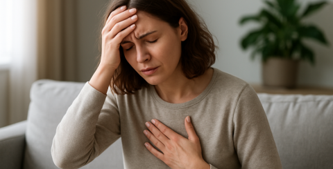 How Stress Effects the Heart Woman holding head with other hand on her heart