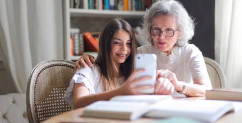 Selfie with granddaughter Older woman and a young girl taking a selfie.