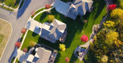 Overhead view of a row of houses.