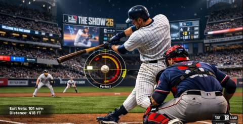 MLB The Show 26 gameplay showing new hitting mechanics, defensive animations, and realistic baseball action
