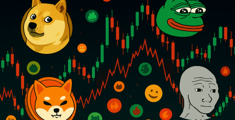 Collage of popular meme coins like Dogecoin, Shiba Inu, and PEPE over volatile crypto price chart
